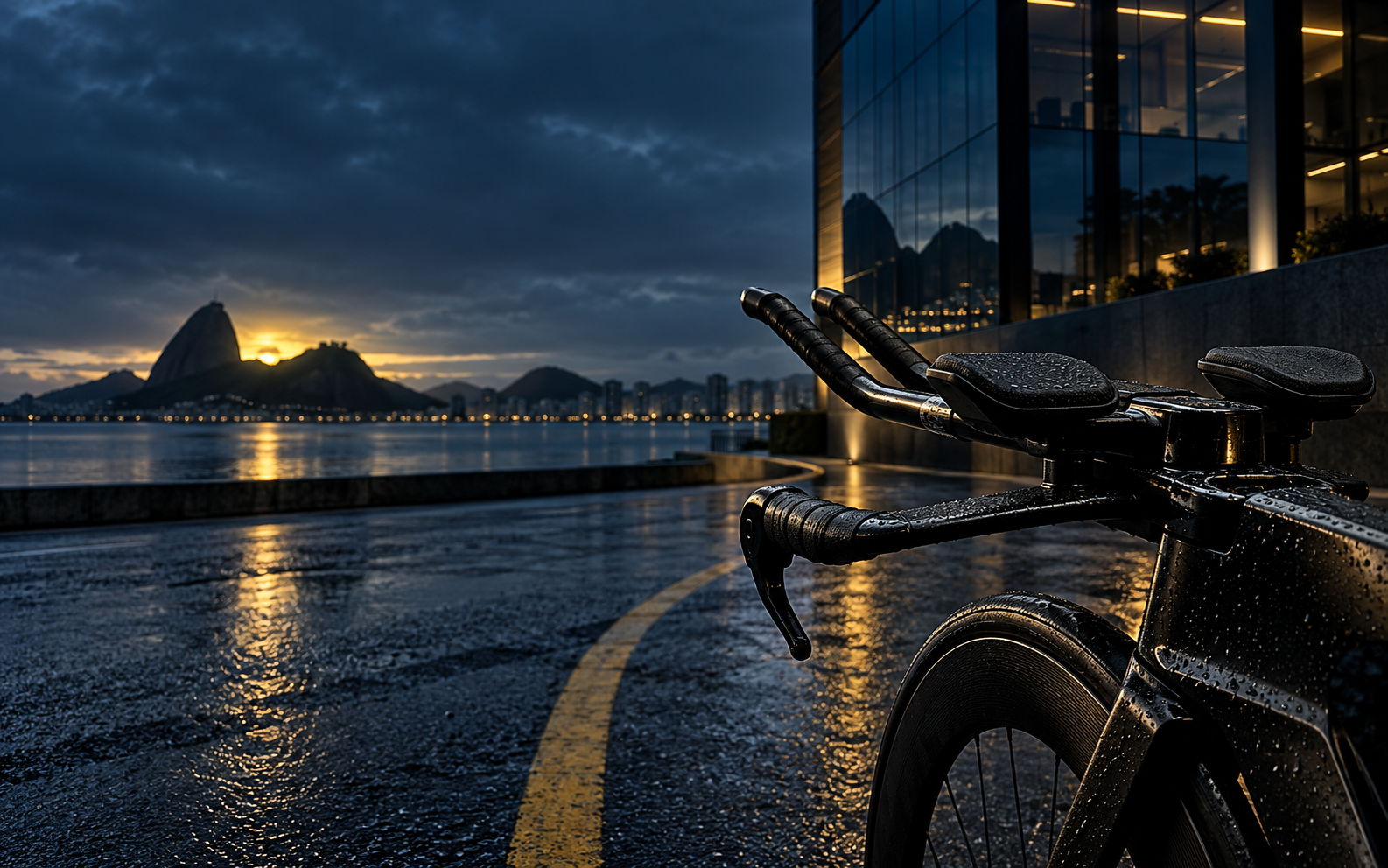 Triathlon bicycle on wet pavement in front of a corporate building at dawn